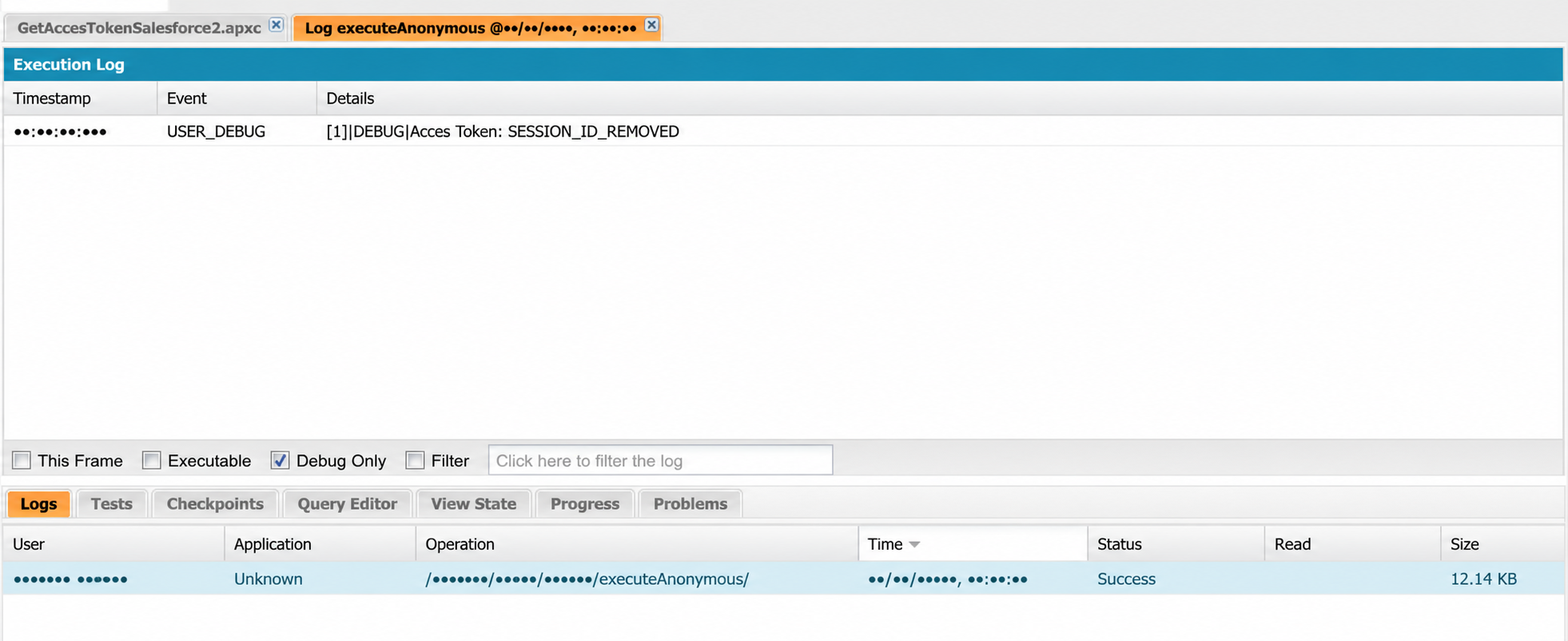 Execution log showing Access Token SESSION_ID_REMOVED