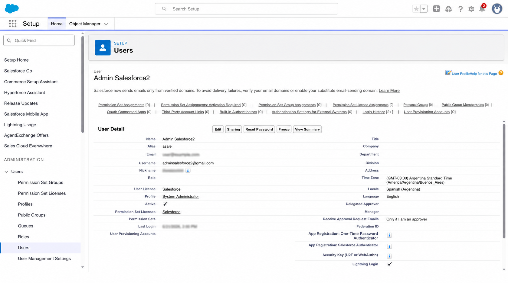 User detail page for Admin Salesforce2 in the target org