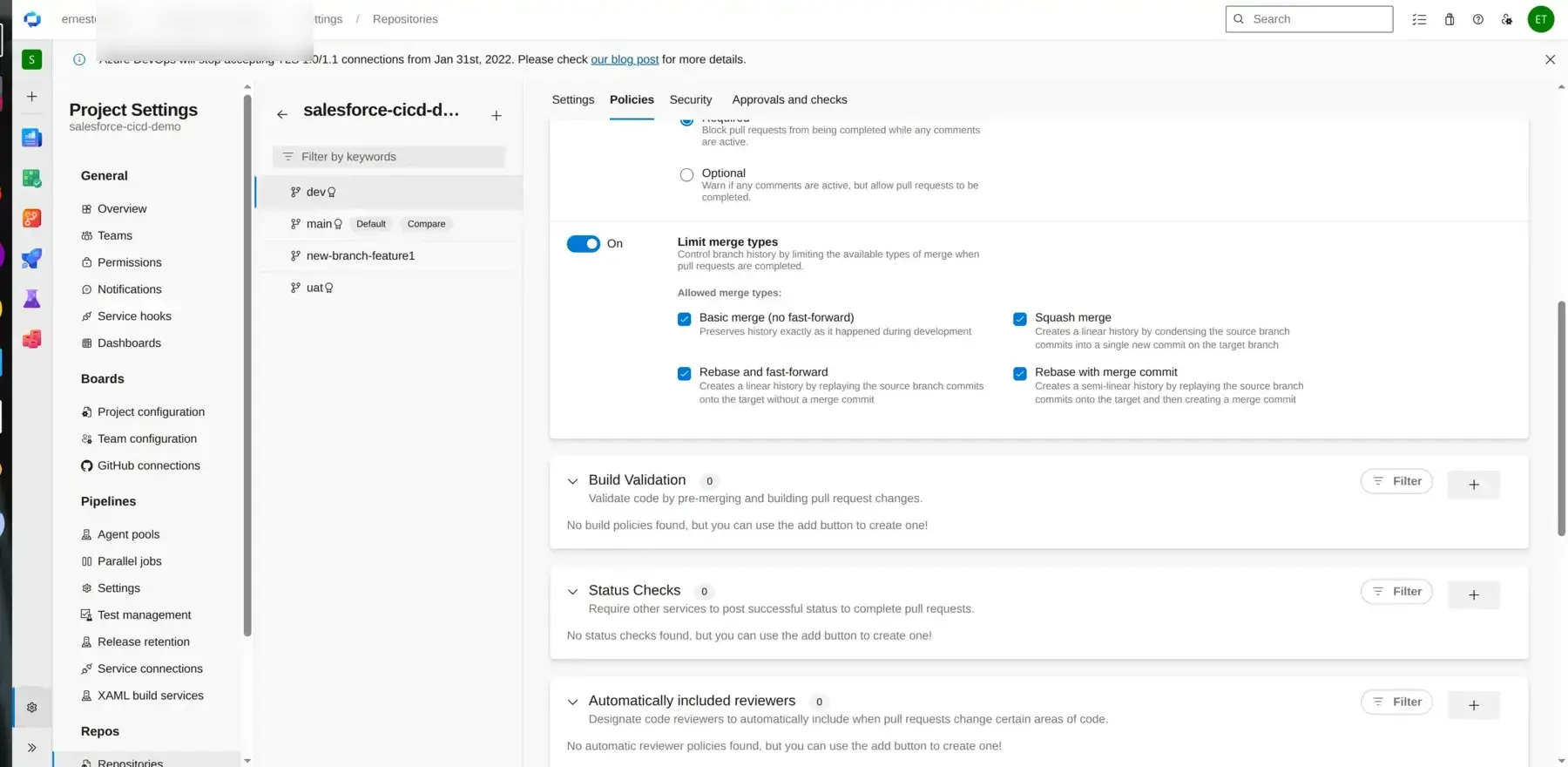 Azure DevOps branch policy configuration for the DEV branch