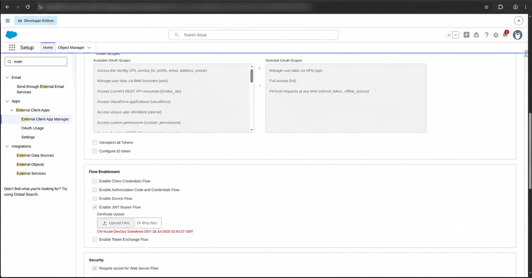 Salesforce External Client App configuration with JWT Bearer Flow enabled