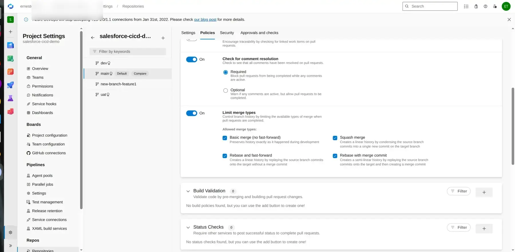 Azure DevOps branch policy configuration for the main branch