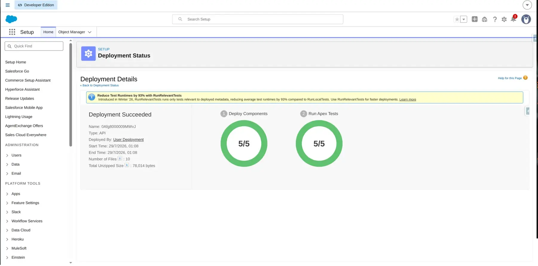 Salesforce deployment status showing successful deployment and green test indicators