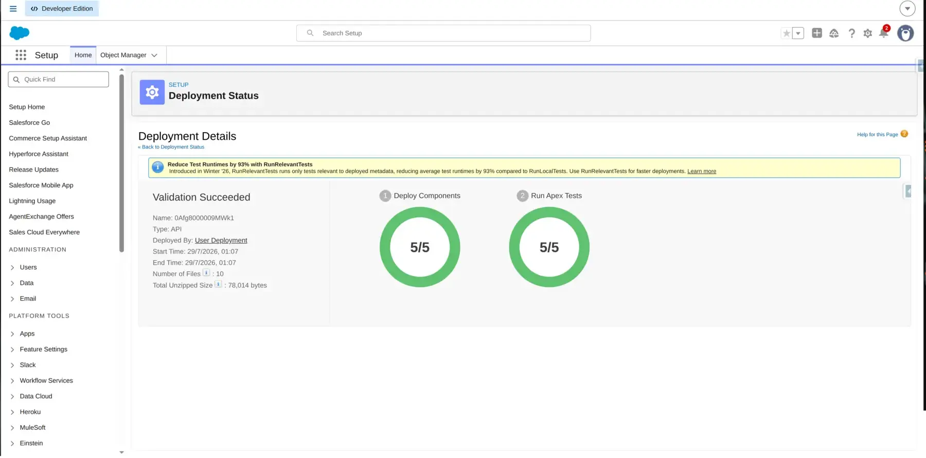 Salesforce deployment status showing validation succeeded and green test indicators
