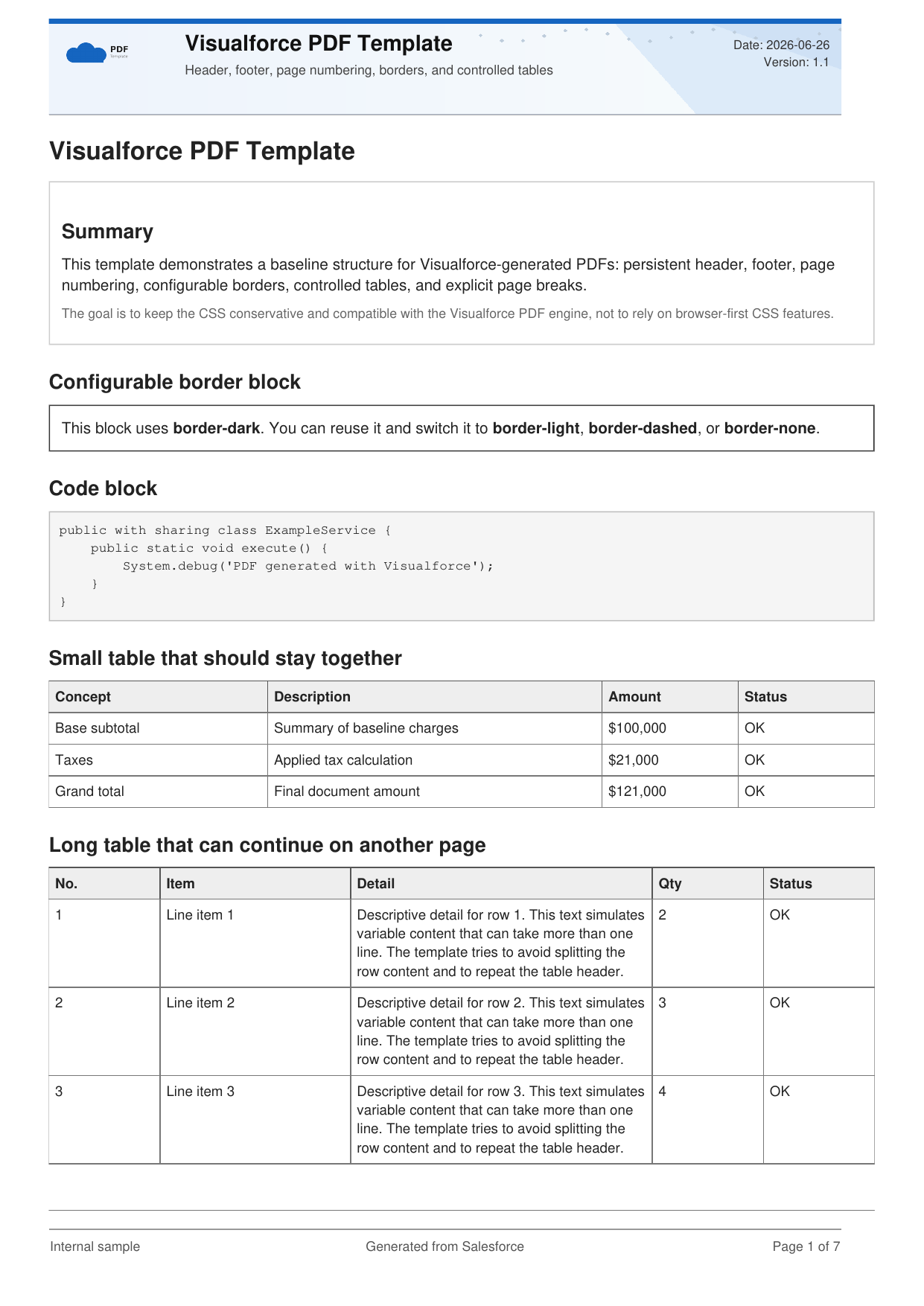 First page of the rendered Visualforce PDF template