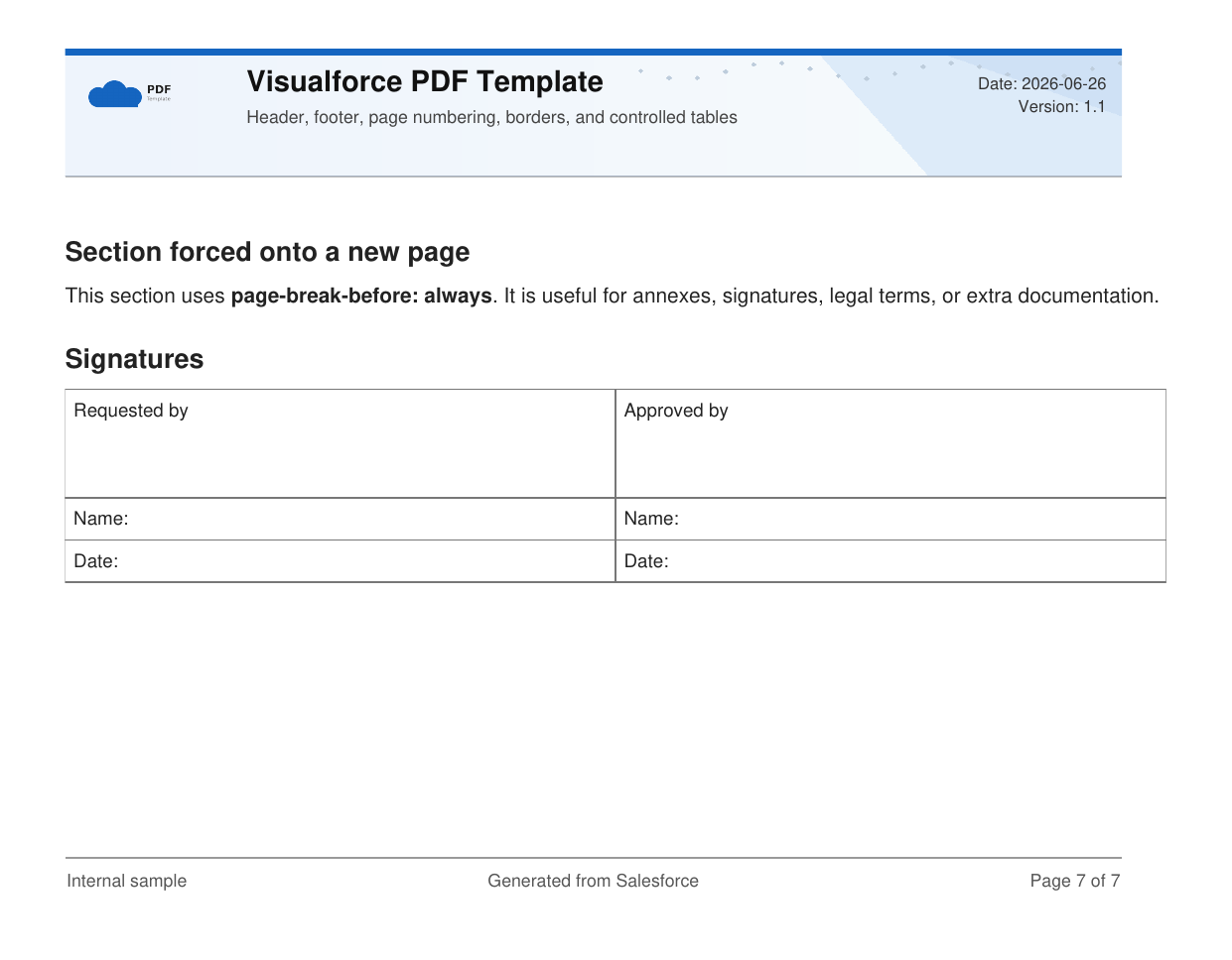 Final page of the rendered Visualforce PDF template with signatures and footer numbering
